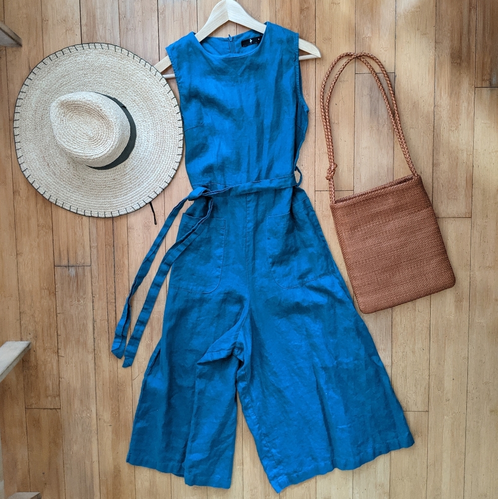 Teal Linen Sleeveless Wide-legged Jumpsuit